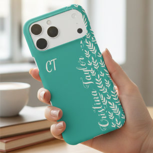 Stylish Teal & Blush Pink Leaf Pattern Custom Name
