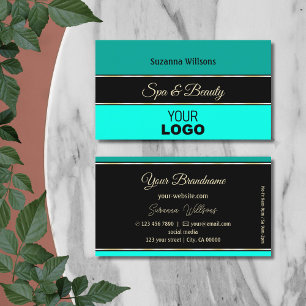 Stylish Teal Borders on Black Modern with Logo Business Card