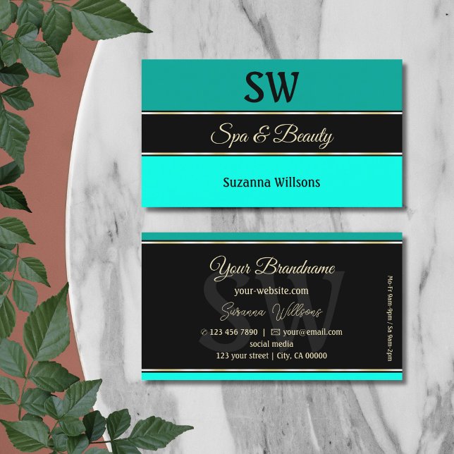 Stylish Teal Borders on Black Modern with Monogram Business Card (Creator Uploaded)