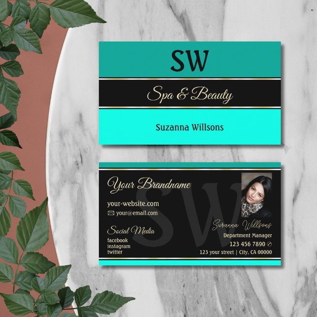 Stylish Teal Borders on Black Monogram and Photo Business Card (Creator Uploaded)