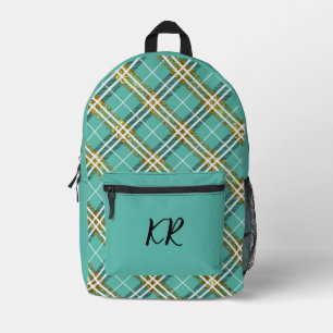Stylish Teal Checkered Gold Glitter Border Initial Printed Backpack