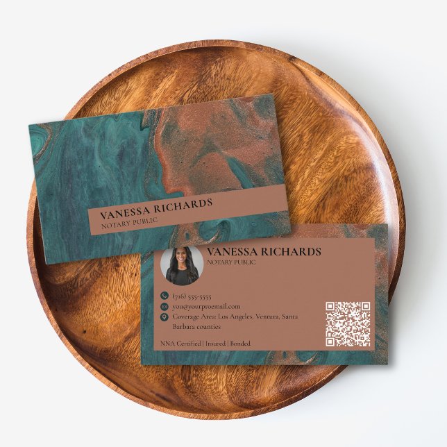 Stylish Teal & Copper Swirl QR Code Photo Notary  Business Card (Creator Uploaded)