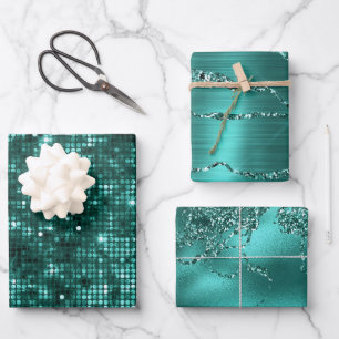 Stylish Teal Glitter and Marble Effect Patterns Wrapping Paper Sheet