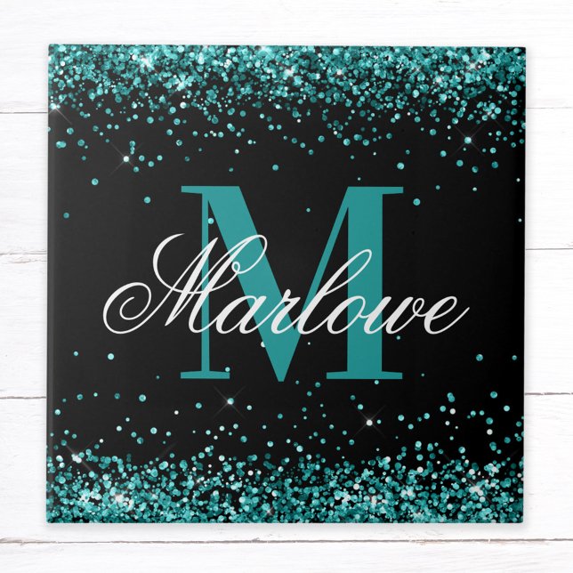 Stylish Teal Glitter Black White Monogram Tile (Creator Uploaded)