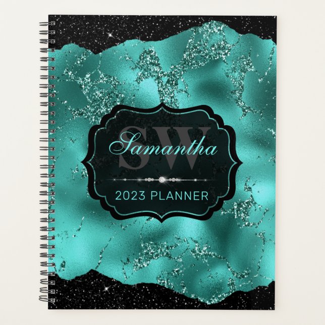 Stylish Teal Glitter Marble & Black Edges Monogram Planner (Front)