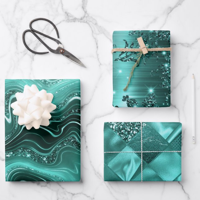 Stylish Teal Glitter Marble, diamonds and floral Wrapping Paper Sheet (Front)
