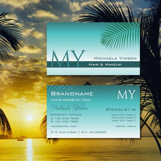 Stylish Teal Gradient Chic Palm Leaf with Monogram Business Card (Creator Uploaded)