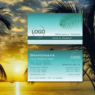 Stylish Teal Gradient Palm Leaf with Logo Modern Business Card
