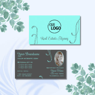Stylish Teal Grey Chic Ornate with Logo and Photo Business Card