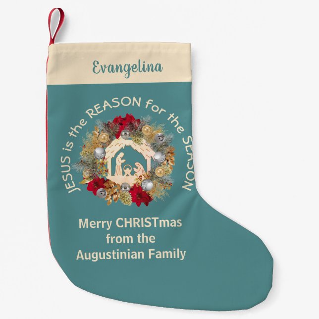 Stylish Teal JESUS IS THE REASON Small Christmas Stocking (Front)