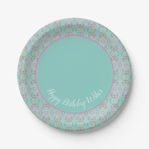 Stylish Teal Pink and White Happy Birthday Plates