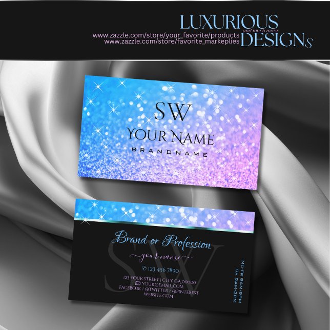 Stylish Teal Purple Glitter Sparkle Stars Monogram Business Card (Creator Uploaded)