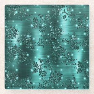 Stylish Teal Shimmer Glitter and Foil Floral Glass Coaster