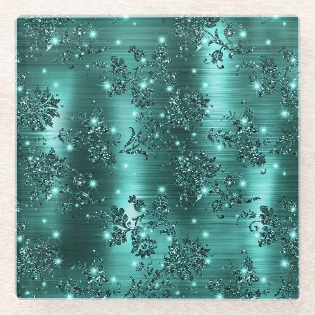 Stylish Teal Shimmer Glitter and Foil Floral Glass Coaster (Front)