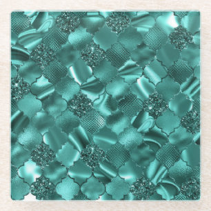 Stylish Teal Shimmer Glitter and Foil Quatrefoil Glass Coaster