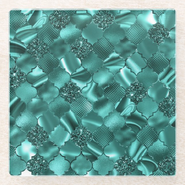 Stylish Teal Shimmer Glitter and Foil Quatrefoil Glass Coaster (Front)