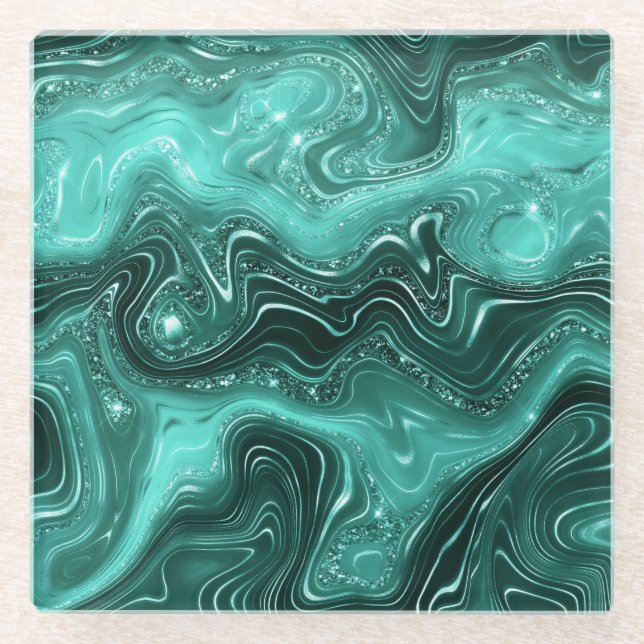 Stylish Teal Shimmer Glitter & Foil Strata Marble Glass Coaster (Front)