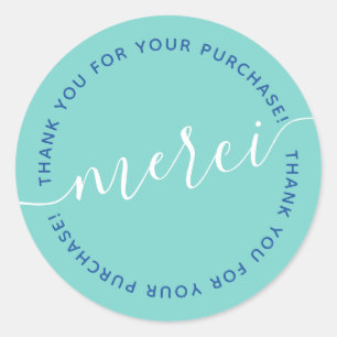 Stylish teal white french merci script thank you classic round sticker