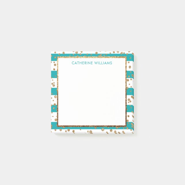 Stylish Teal White Stripe Gold Glitter Confetti Post-it Notes (Front)