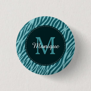 Stylish Teal Zebra Print With Monogram and Name 3 Cm Round Badge