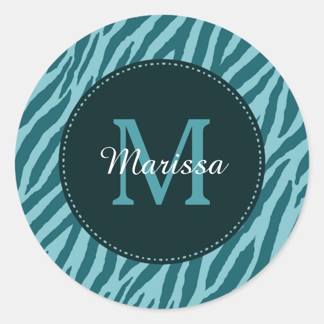 Stylish Teal Zebra Print With Monogram and Name Classic Round Sticker (Front)