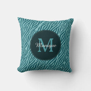 Stylish Teal Zebra Print With Monogram and Name Cushion