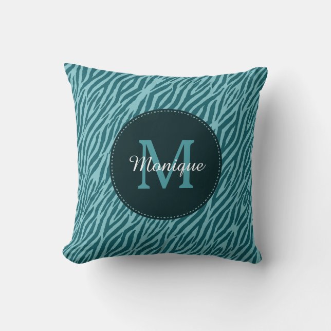 Stylish Teal Zebra Print With Monogram and Name Cushion (Front)