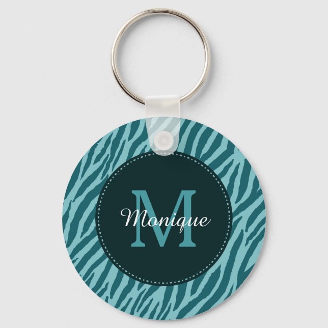 Stylish Teal Zebra Print With Monogram and Name Key Ring (Front)