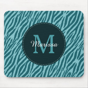 Stylish Teal Zebra Print With Monogram and Name Mouse Mat