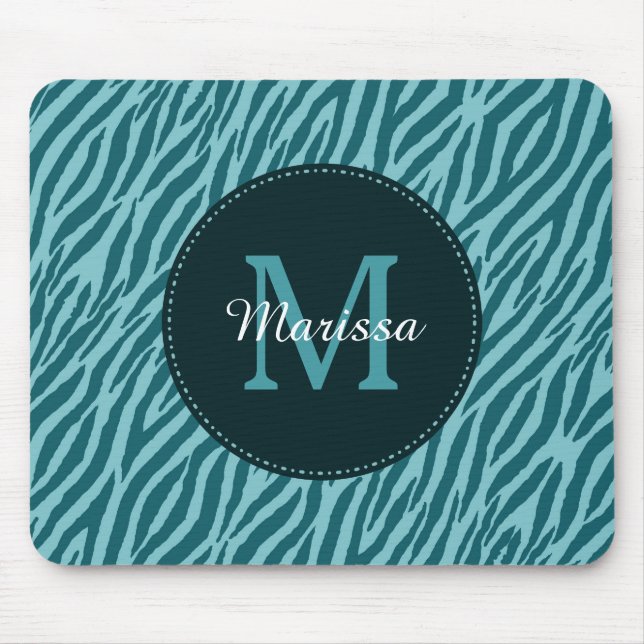Stylish Teal Zebra Print With Monogram and Name Mouse Mat (Front)