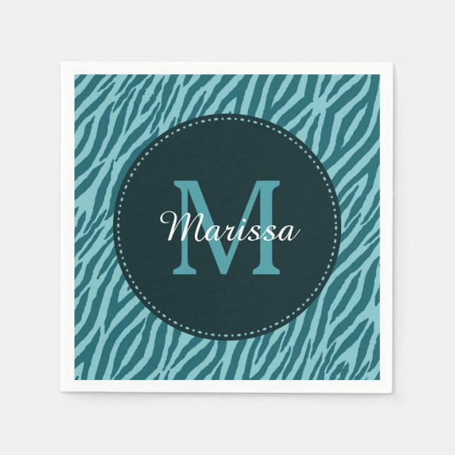 Stylish Teal Zebra Print With Monogram and Name Napkin (Front)