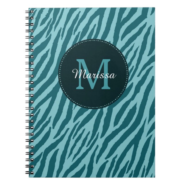 Stylish Teal Zebra Print With Monogram and Name Notebook (Front)