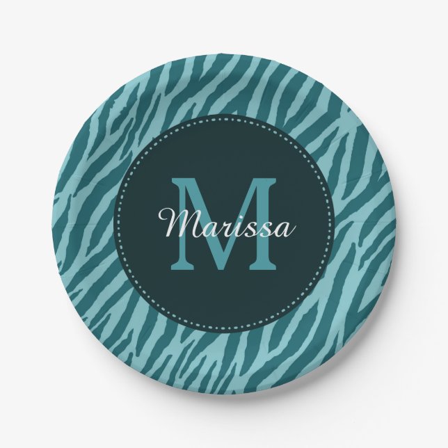 Stylish Teal Zebra Print With Monogram and Name Paper Plate (Front)