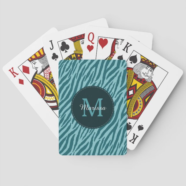 Stylish Teal Zebra Print With Monogram and Name Playing Cards (Back)