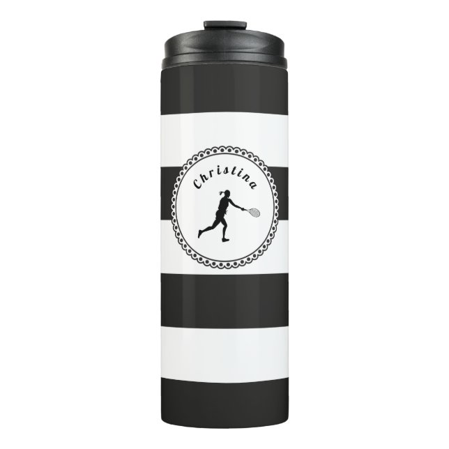 Stylish Tennis Girl Black & White Player's Name    Thermal Tumbler (Front)