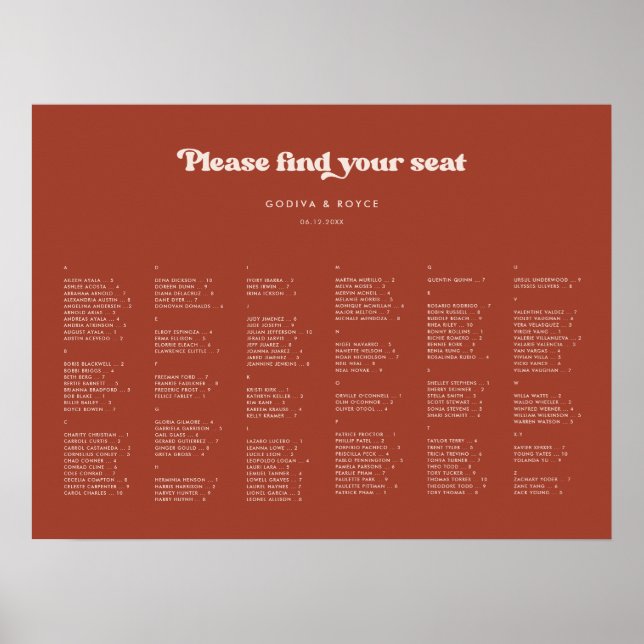 Stylish Terracotta Alphabetical seating chart (Front)