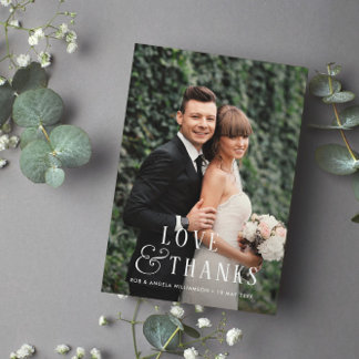 Stylish text bride & groom photo overlay wedding thank you card