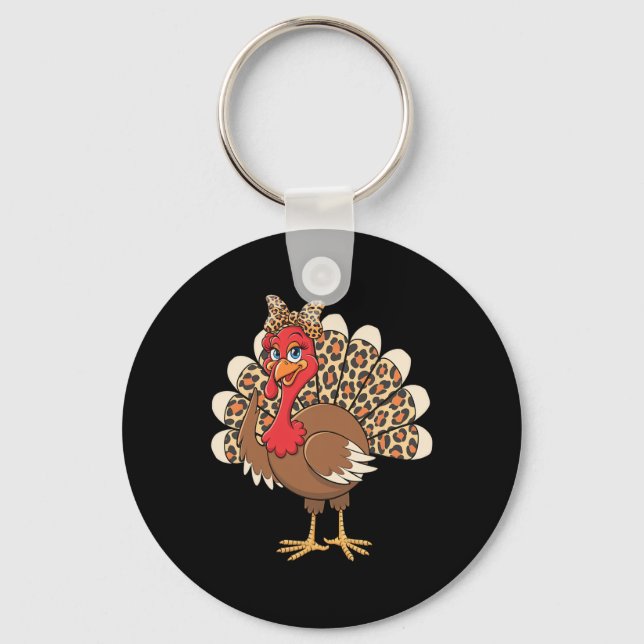 Stylish Thanksgiving Turkey With Leopard Print Des Key Ring (Front)