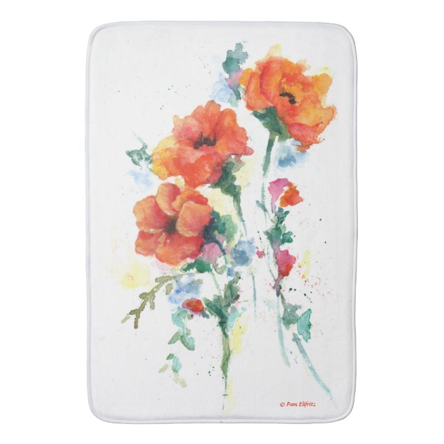 Stylish Three Cheerful Red Watercolor Poppies Bath Mat (Front Vertical)