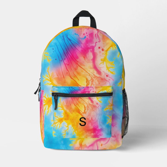 Stylish Tie and Dye Monogram Initials Printed Backpack (Front)