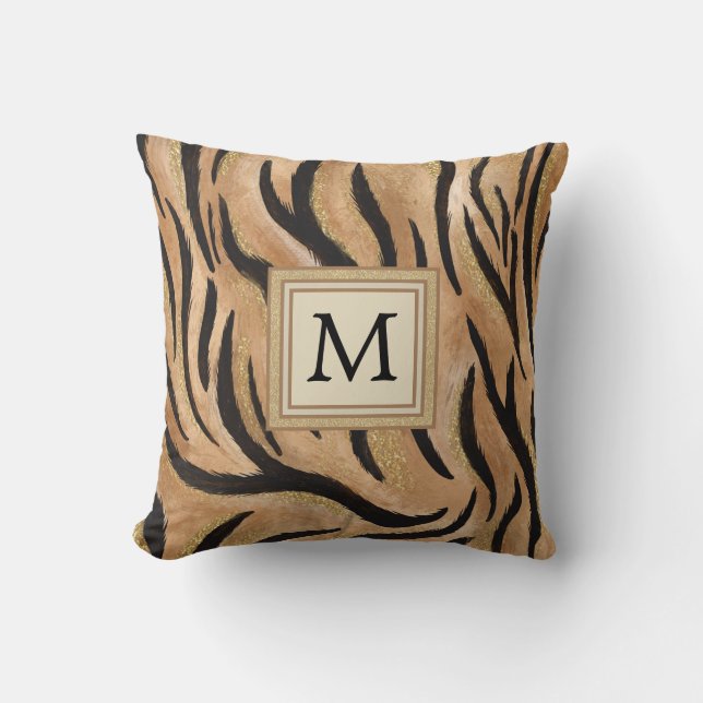 Stylish Tiger Print Wild Cat Safari Monogram Cushion (Front)