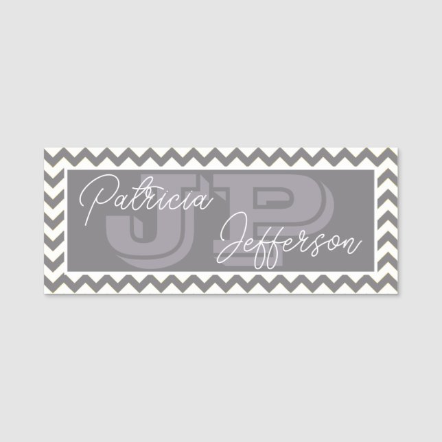 Stylish Titanium Grey Chevron: Modern Monogrammed Name Tag (Front)