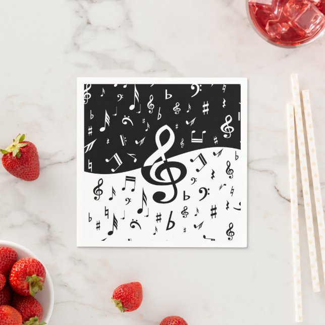 Stylish Treble Clef Wave Black and White Napkin (Insitu)