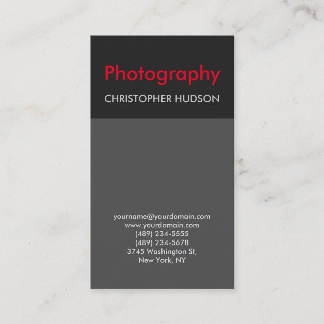 Stylish Trend Red Grey Photography Business Card (Front)