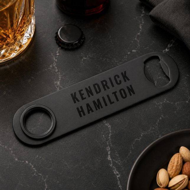 Stylish Trendy Black Out Modern Minimalist Simple  (Personalized black bar key bottle opener with custom name for home bars and gifts.)