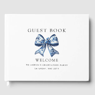 Stylish Trendy Blue Bow 2 Photos Graduation Party Guest Book