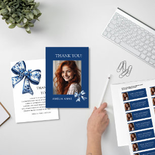 Stylish Trendy Blue Bows Graduation Photo Thank You Card