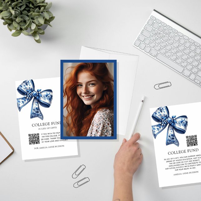 Stylish Trendy Blue Floral Bow Photo College Fund Enclosure Card (Creator Uploaded)
