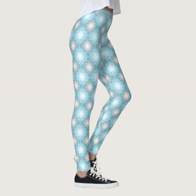 Stylish Trendy Blue Grey Diamond Geometric Pattern Leggings (Right)