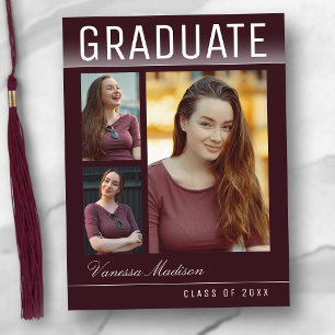 Stylish Trendy Chic 3 Photo Burgundy Graduation Postcard
